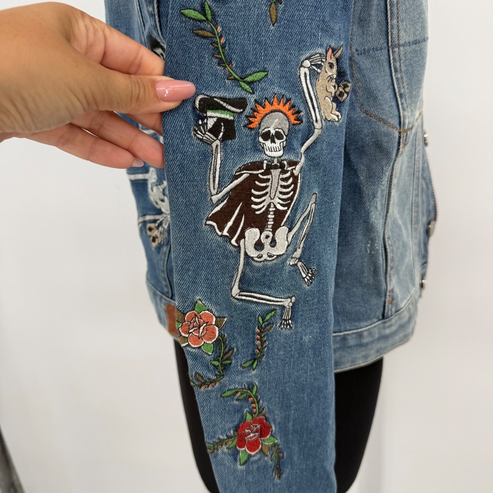 Zadig & Voltaire Zadig Kioky Embroidered Tattoo Denim Jacket Leopard Womens M - Picture 12 of 16